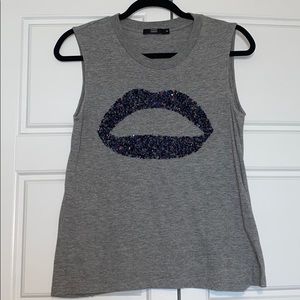 Markus Lupfer Gray Tank Top with Sequin Lips
